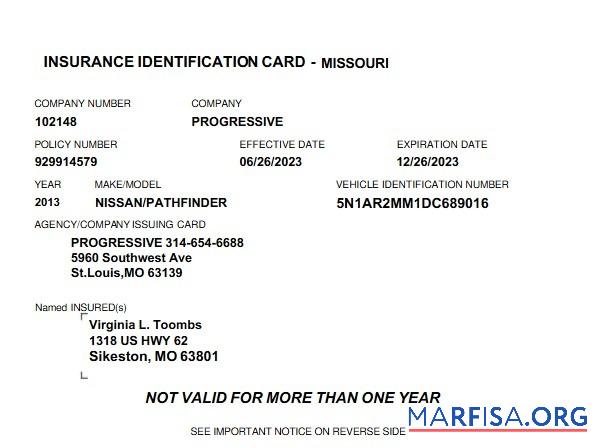 Printable USA Missouri insurance ID card download for verification
